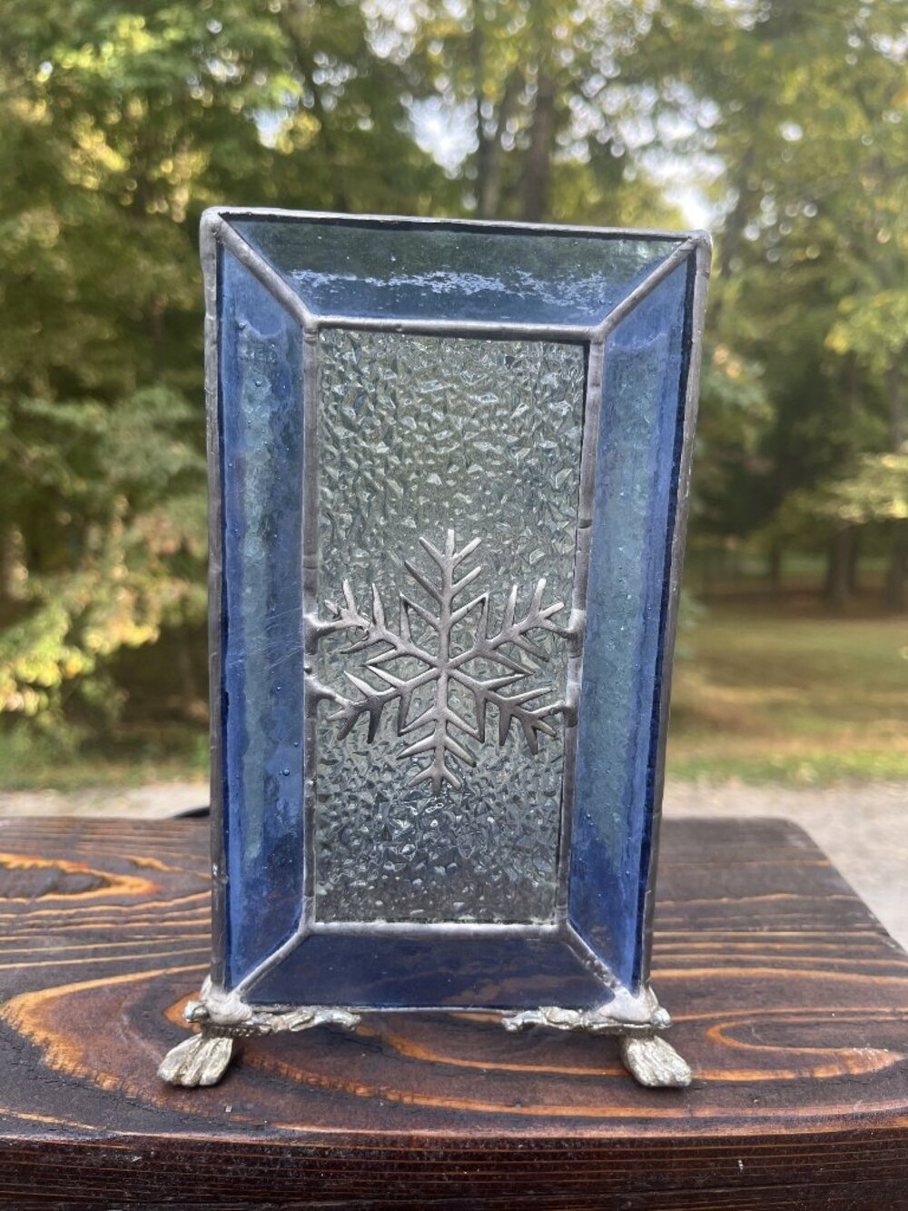 Handcrafted Stained Glass Snowflake Winter Lamp With Blue & Textured Glass Panel